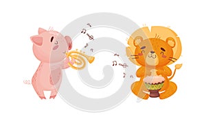 Adorable animals playing musical instruments set. Cute piglet, lion playing trumpet, drum cartoon vector illustration