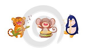 Adorable animals playing musical instruments set. Cute tiger, monkey, penguin playing guitar, drum, trumpet cartoon