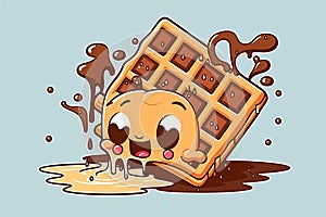 Adorable Animated Waffle Drenched in Syrup, Generative AI