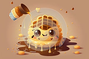 Adorable Animated Waffle Drenched in Syrup, Generative AI