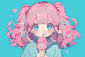 adorable anime chibi girl with pink hair with two ponytails eating ice cream cone on blue background