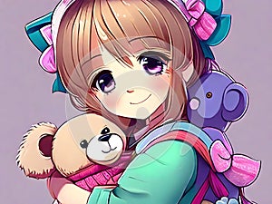 An adorable anime girl hugging her teddy bear doll with cute pose, colorful, ultra HD, cinematic, 8k, wallpaper, design, art