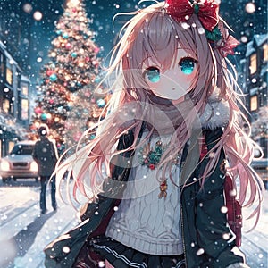 An adorable anime girl walking in a fashionable style with falling snow, beautiful christmas tree on road, anime style, comic