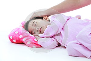 Adorable asian child sleeping peacefully, isplated on white back