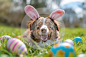 Adorable Australian Shepherd puppy with bunny ears and colorful easter eggs on green grass