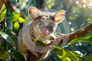 Adorable Australian Sugar Glider Possum in Natural Habitat with Sunlight Filtering Through Trees