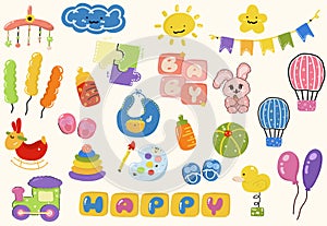 Adorable baby accessories collection for boy and girl with cute elements on a yellow background