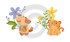 Adorable baby animals holding spring flower set. Lovely kitten, puppy standing with wild flowers cartoon vector