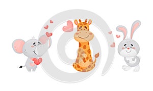 Adorable baby animals with pink hearts set. Lovely happy elephant, giraffe, bunny holding heart cartoon vector