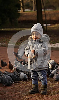 Adorable baby boy feeding pigeons at the park in winter