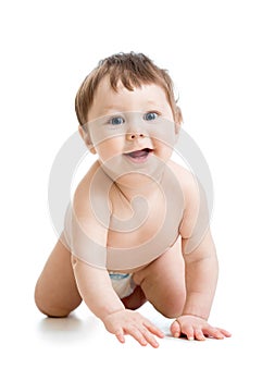 Adorable baby boy learning to crawl. Cute cheerful child crawling on floor. Kid isolated on white background