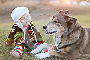 Adorabile un bambino chiuso su al di fuori animale domestico il cane 
