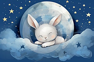 Adorable baby bunny nestled in sleep on a fluffy cloud, with the moon and twinkling stars in the blue sky. Children book