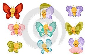 Adorable baby butterflies set. Cute insects with colorful wings cartoon vector illustration