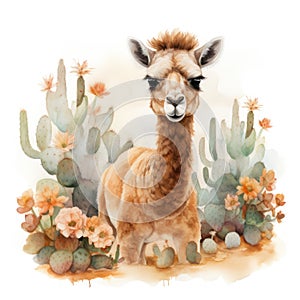 Adorable Baby Camel in a Warm Watercolor Desert Oasis AI Generated