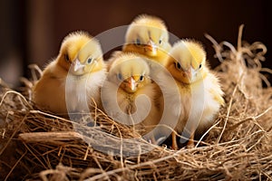 Adorable Baby Chicks in Cozy Nest on Rustic Wooden Surface