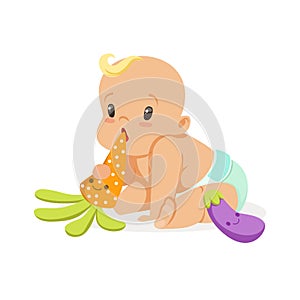 Adorable baby in a diaper sitting and playing with teether toys, colorful cartoon character vector Illustration