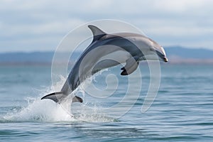 adorable baby dolphin jumping out of the water, its tail fluke flying through the air