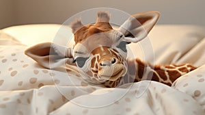 Adorable baby giraffe , lying in white soft bed, in day light