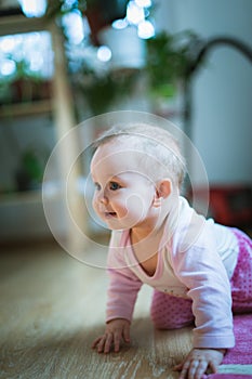 Adorable baby girl crawls on all fours floor at