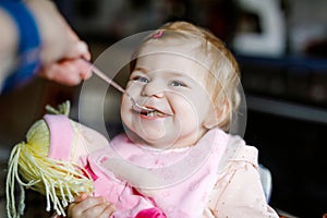 Adorable baby girl eating from spoon mashed vegetables and puree. food, child, feeding and people concept -cute toddler