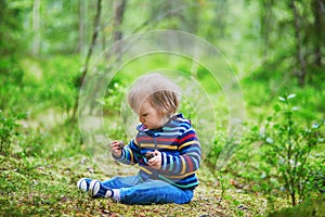 Adorable baby girl in the forest, sitting on the ground and playing with pine cones