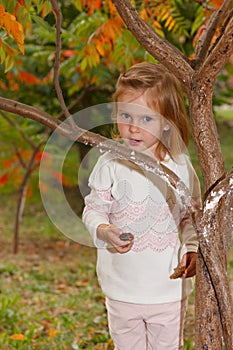 Adorable baby girl holds snail, playing in a sunny park under a tree with yellow leaves, hiding behind tree