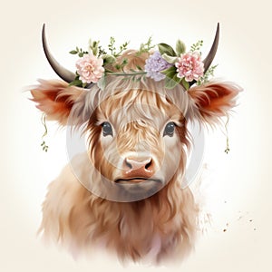 Adorable Baby Highland Cow with a Minimalist Flower Wreath AI Generated