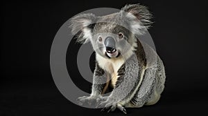 An adorable baby koala against a black background, emphasizing its cuteness and charm, with copy-space