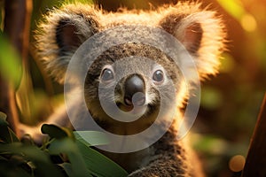 Adorable Baby Koala Embracing its Mother in a Serene Rainforest