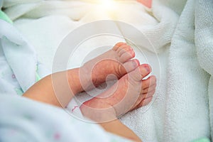 Adorable baby legs covered in a white blanket