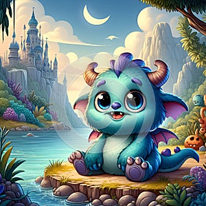 An adorable baby monster, in happy face, dynamic pose, cute, sitting behind a whimsical lake, cartoon art, wonderland, dreamy