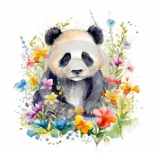 Adorable Baby Panda in a Colorful Flower Field Watercolor Painting Ideal for Nursery Decor and Greeting Cards