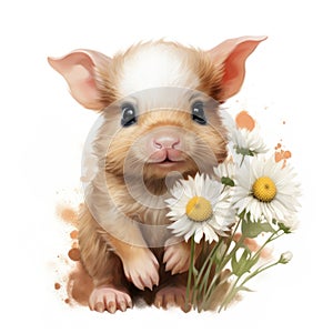 Adorable Baby Pig with Daisies Watercolor Clipart AI Generated