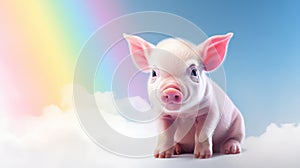 An adorable baby piglet sitting on white clouds with rainbow on blue sky