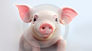 An adorable baby piglet sitting on white clouds with rainbow on blue sky