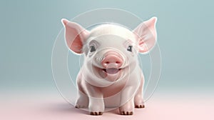 An adorable baby piglet sitting on white clouds with rainbow on blue sky