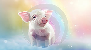 An adorable baby piglet sitting on white clouds with rainbow on blue sky