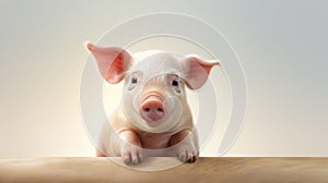 An adorable baby piglet sitting on white clouds with rainbow on blue sky