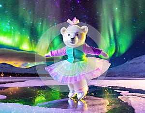 Adorable baby polar bear figure skating under vivid dancing aurora sky