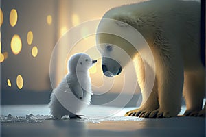 Adorable baby polar bear looking at a baby penguin Valentine\'s day love