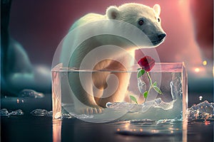 Adorable baby polar bear looking at a red rose Valentine\'s day love