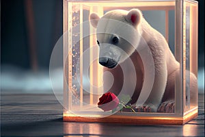 Adorable baby polar bear looking at a red rose Valentine\'s day love