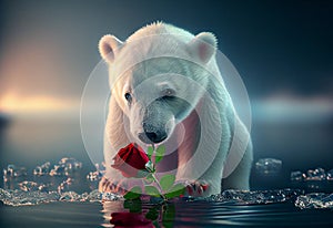 Adorable baby polar bear looking at a red rose Valentine\'s day love