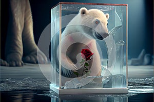 Adorable baby polar bear looking at a red rose Valentine's day love