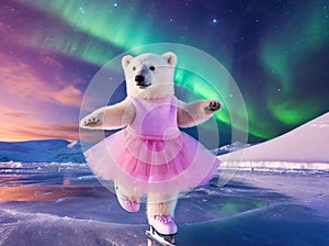 Adorable baby polar bear skating on glacier with stunning aurora dancing in the sky