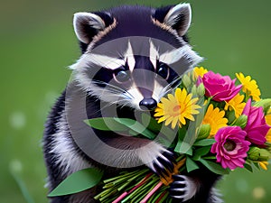 Adorable baby raccoon with flowers