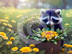 Adorable baby raccoon with flowers