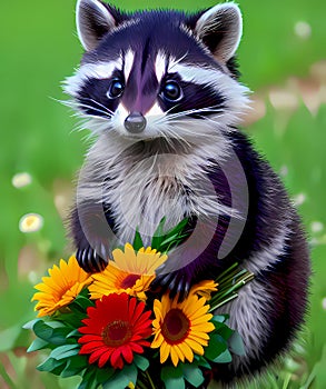 Adorable baby raccoon with flowers