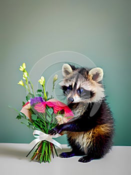 Adorable baby raccoon with flowers